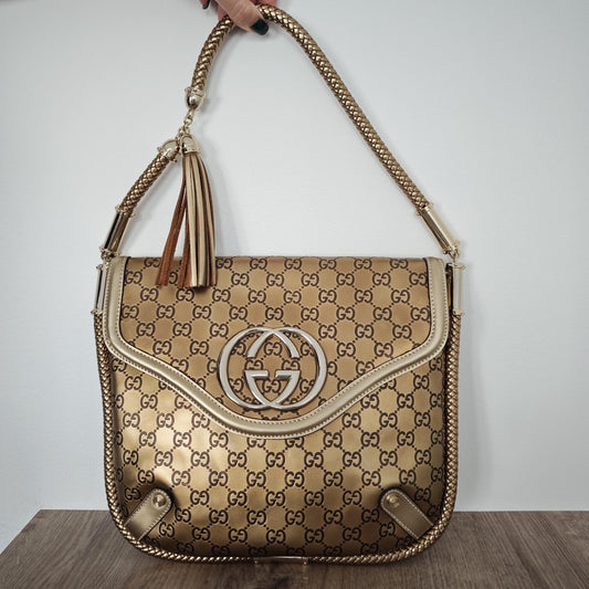 Gucci Britt Tassel Flap Bag - Bronze Gold Guccissima Shoulder Bag