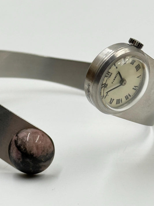 Vintage Tissot Mechanical Bangle Watch – Stainless Steel Cuff, Natural Stone Accent