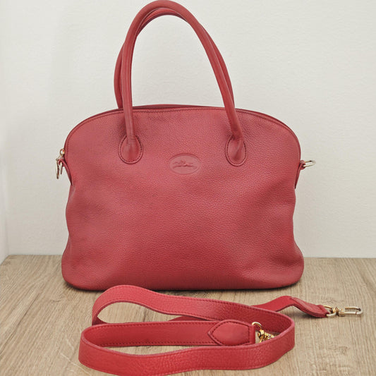 Vintage Longchamp Bolide Red Leather Shoulder Bag Made in France