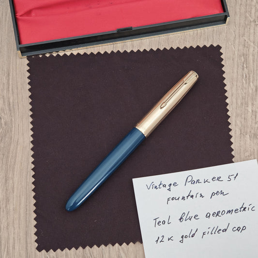 Vintage Parker 51 Teal Blue Fountain Pen – 12k Gold Filled Cap, Fine Nib