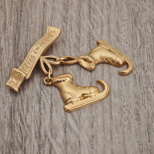 Authentic Hermes Paris Gold Plated Ice Skates Charm Brooch - ''Les Fetes En Hermes''