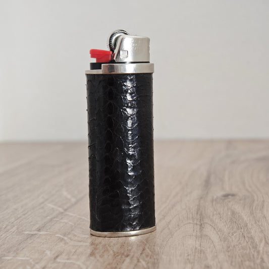 Celine Paris Bic Lighter Case Holder - Metal & Black Reptile Leather Wrapped