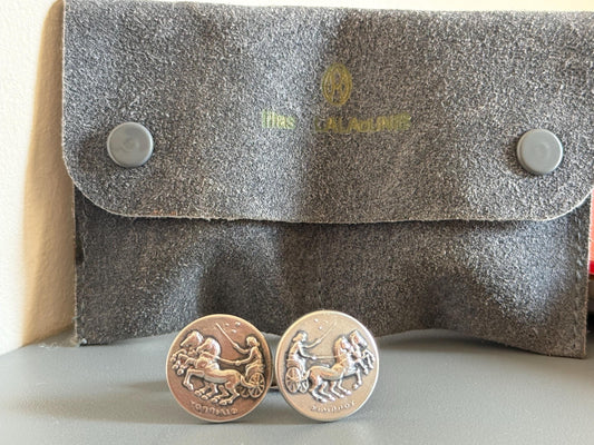 Ilias Lalaounis Sterling Silver Coin Cufflinks, Ancient Greek Chariot Design, Pouch