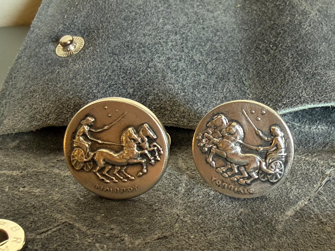 Ilias Lalaounis Sterling Silver Coin Cufflinks, Ancient Greek Chariot Design, Pouch